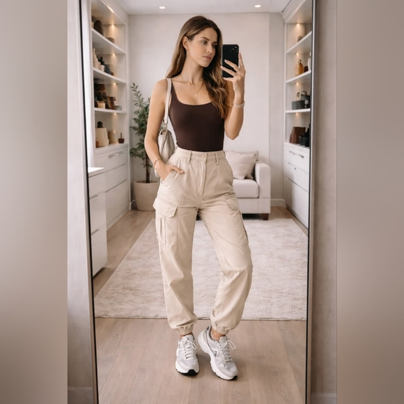Zara Pants - Zara High Waisted Beige Cargo Joggers Pants